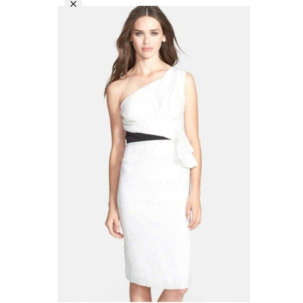 Vera Wang Ivory Jacquard One Shoulder Cocktail Dress Bow Waist Silk Blend Sz 4